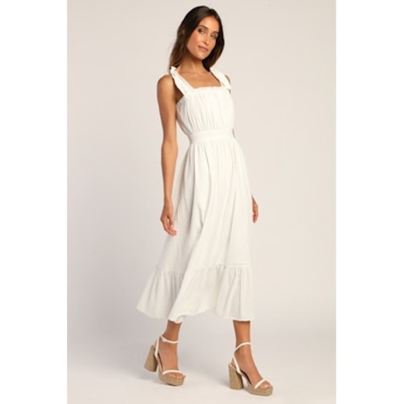 Lulus Dresses & Skirts - Lulus Flirting in Florence White Striped Tie-Strap Midi Dress‎ L NWT Coquette